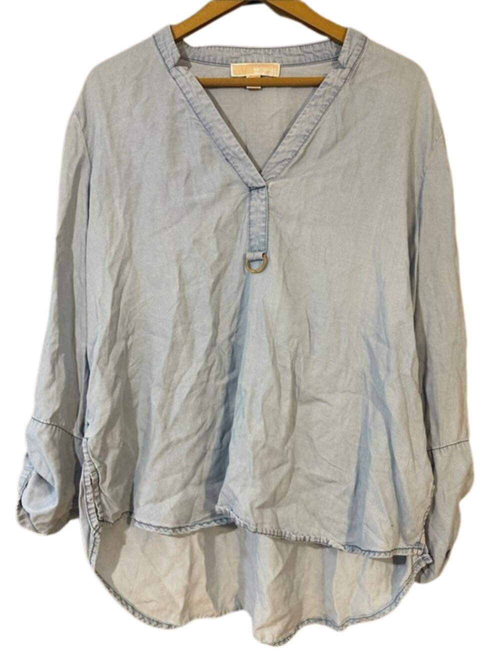 Michael Kors Light Denim Chambray Top Size XL Roll Tab Sleeve High Low Blouse